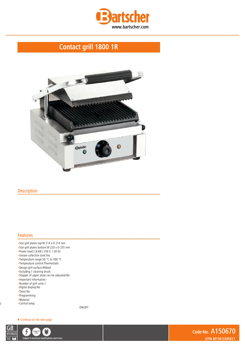 Page n°1 - Fiche technique Bartscher A150670