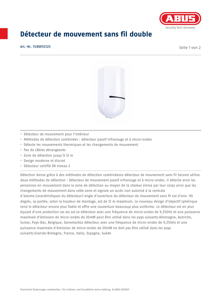 Image de la première page du manuel de l'appareil FUBW50120