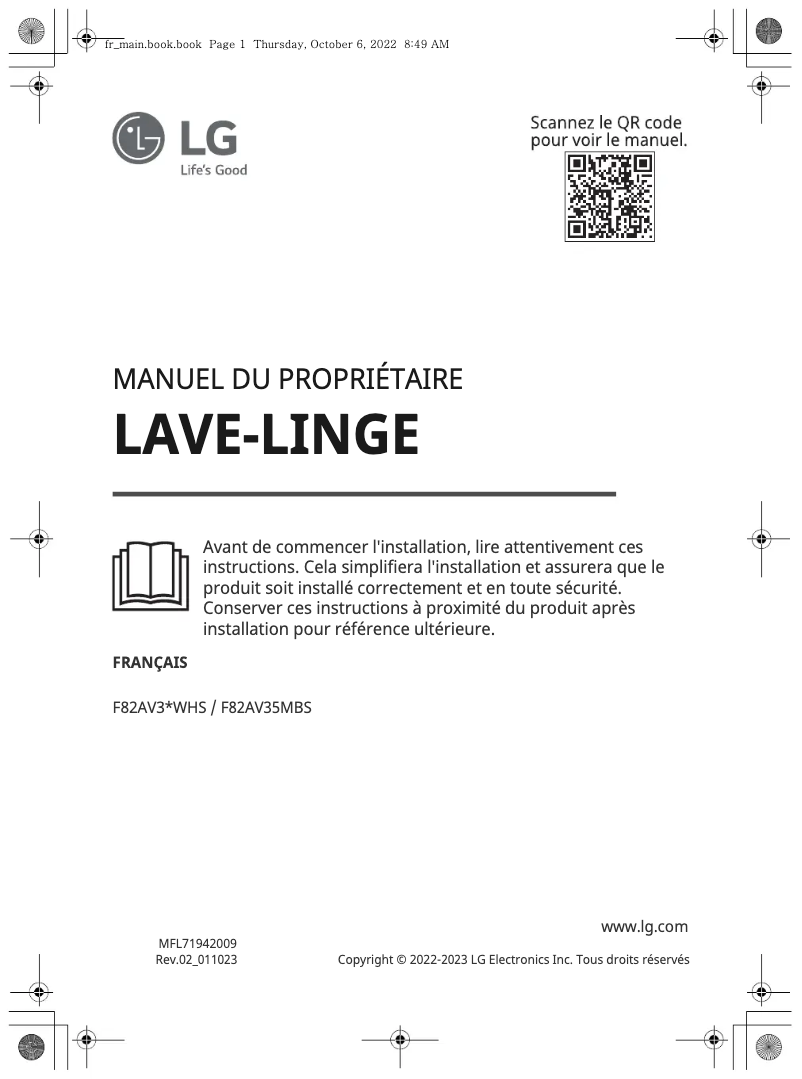 Page 1 de la notice Manuel utilisateur LG F82av33whs