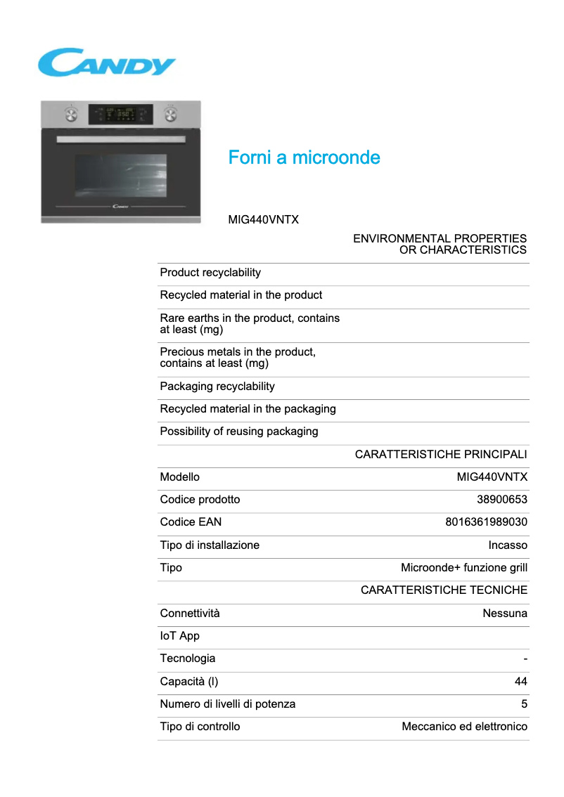 Page n°1 - Fiche technique Candy MIG440VNTX