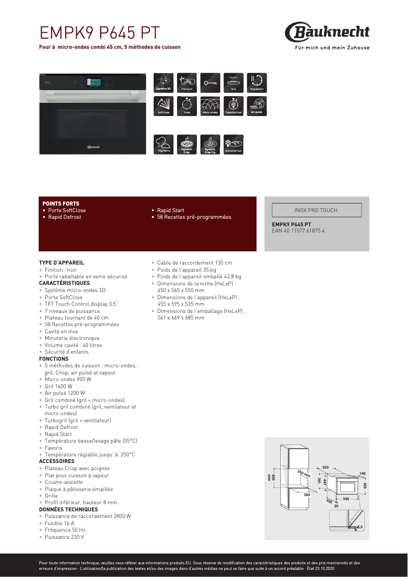 Page 1 de la notice Fiche technique Bauknecht EMPK9 P645 PT