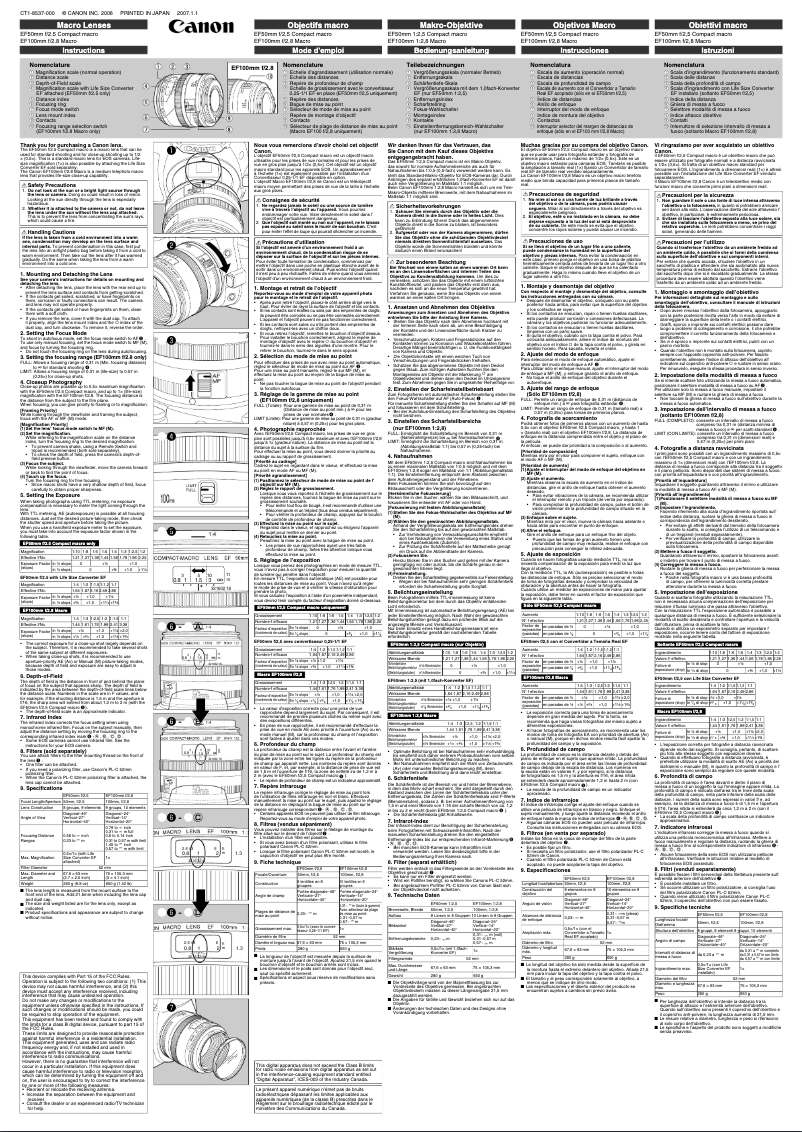 Page 1 de la notice Manuel utilisateur Canon EF 50mm f/2.5 Compact Macro