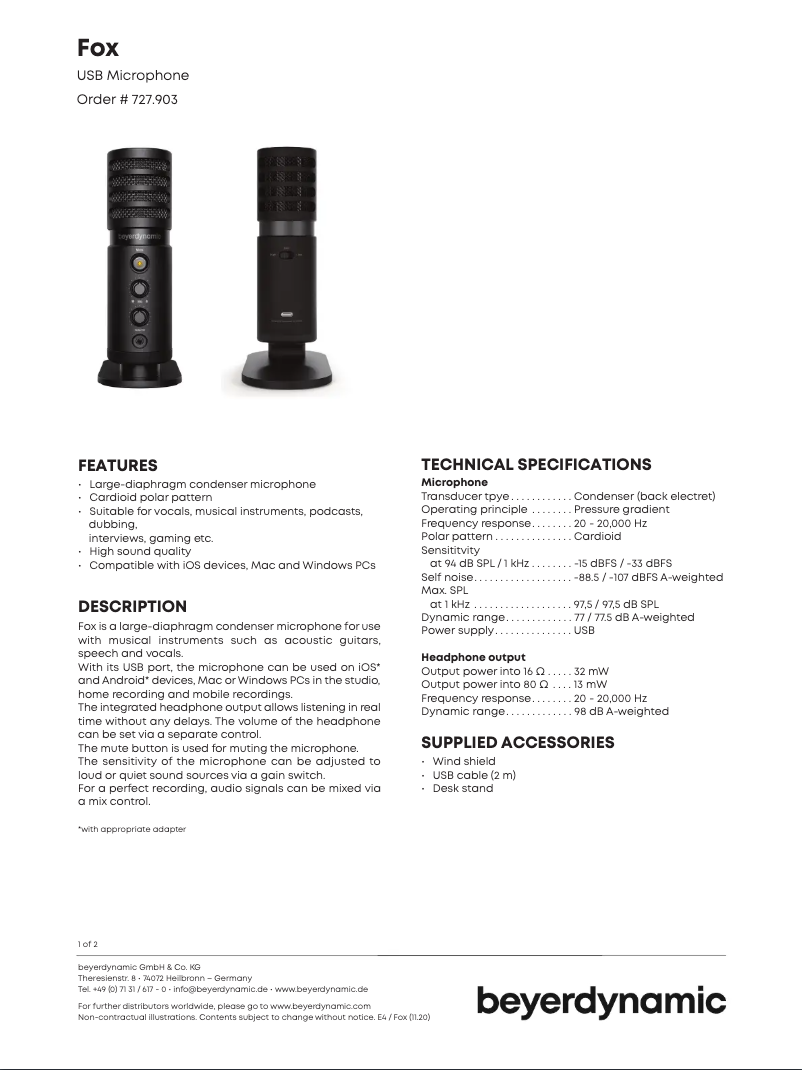 Page n°1 - Fiche technique Beyerdynamic Fox