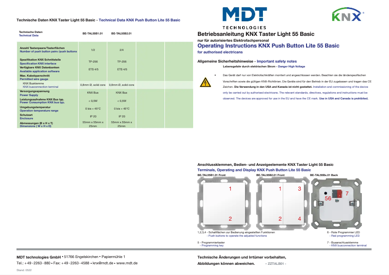 Page 1 de la notice Manuel utilisateur MDT BE-TAL55B1.01