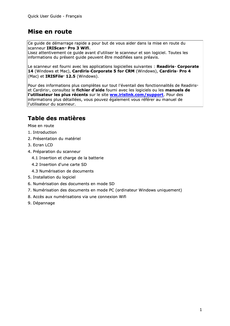 Page 1 of the manual User Manual I.R.I.S. IRIScan Pro 3 Wi-Fi