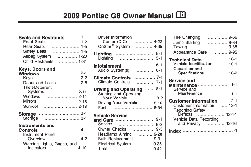 Page 1 of the manual User Manual Pontiac G8 (2009)