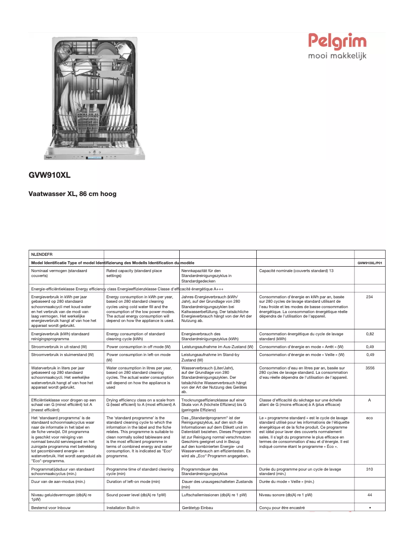 Page 1 de la notice Fiche technique Pelgrim GVW910XL