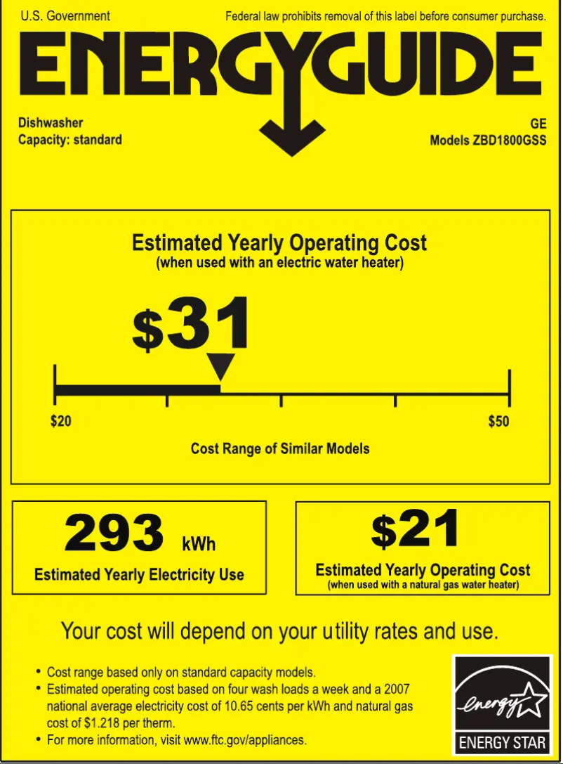 Page 1 de la notice Label énergétique GE ZBD1800GSS