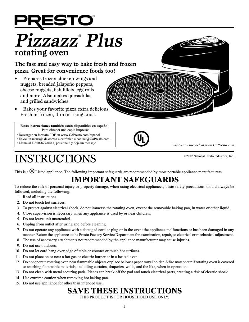 Page 1 de la notice Manuel utilisateur Presto Pizzazz Plus 03430