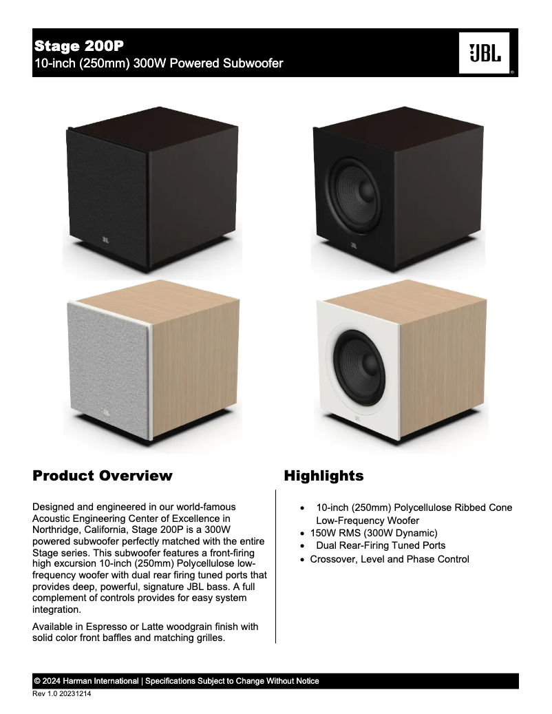 Página 1 del manual Ficha técnica JBL Stage 200P