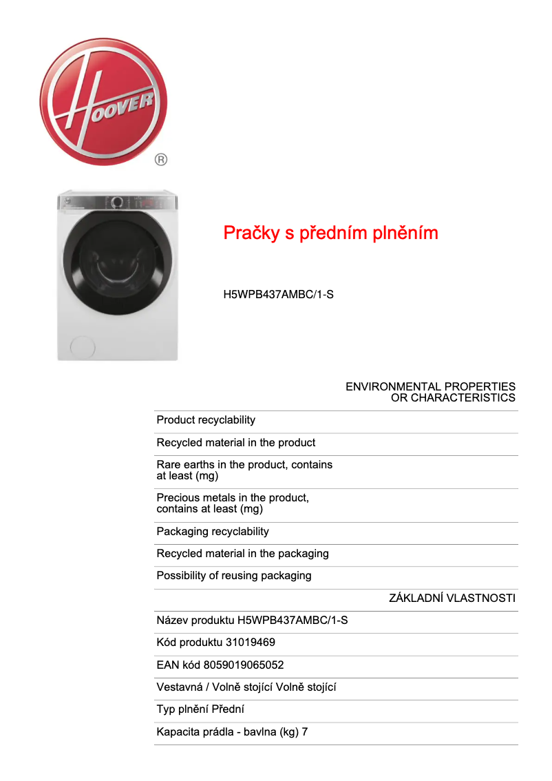 Page n°1 - Fiche technique Hoover H5WPB437AMBC/1-S