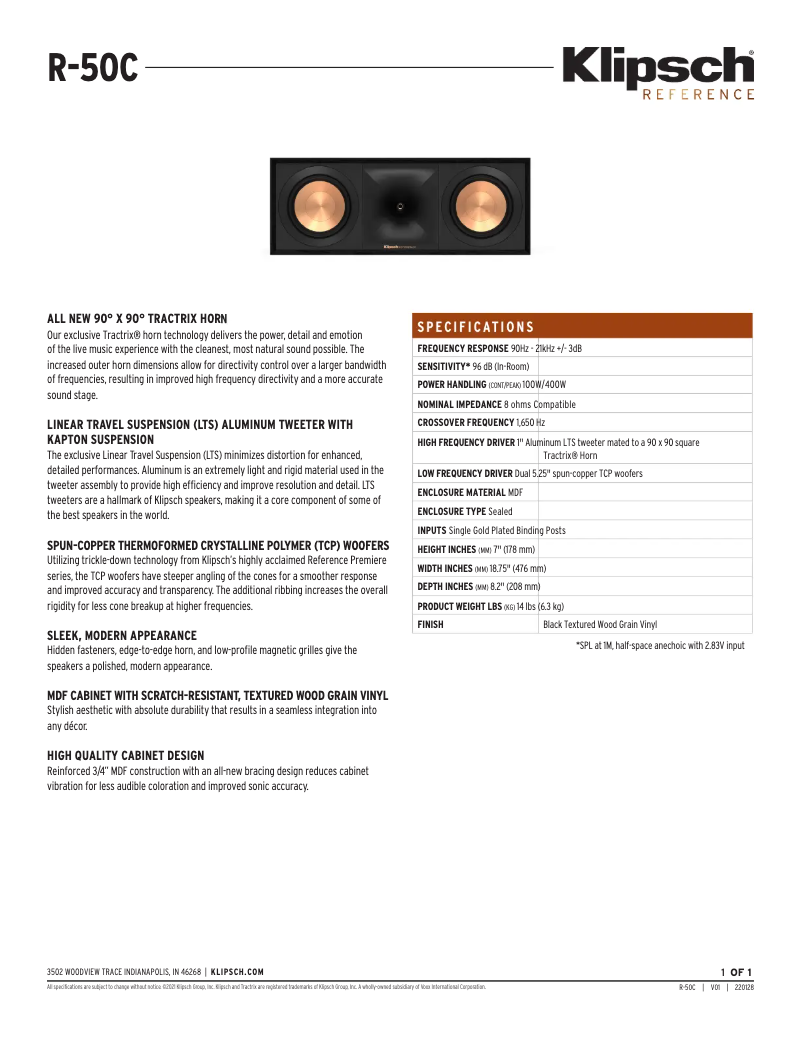 Page 1 de la notice Fiche technique Klipsch R-50C