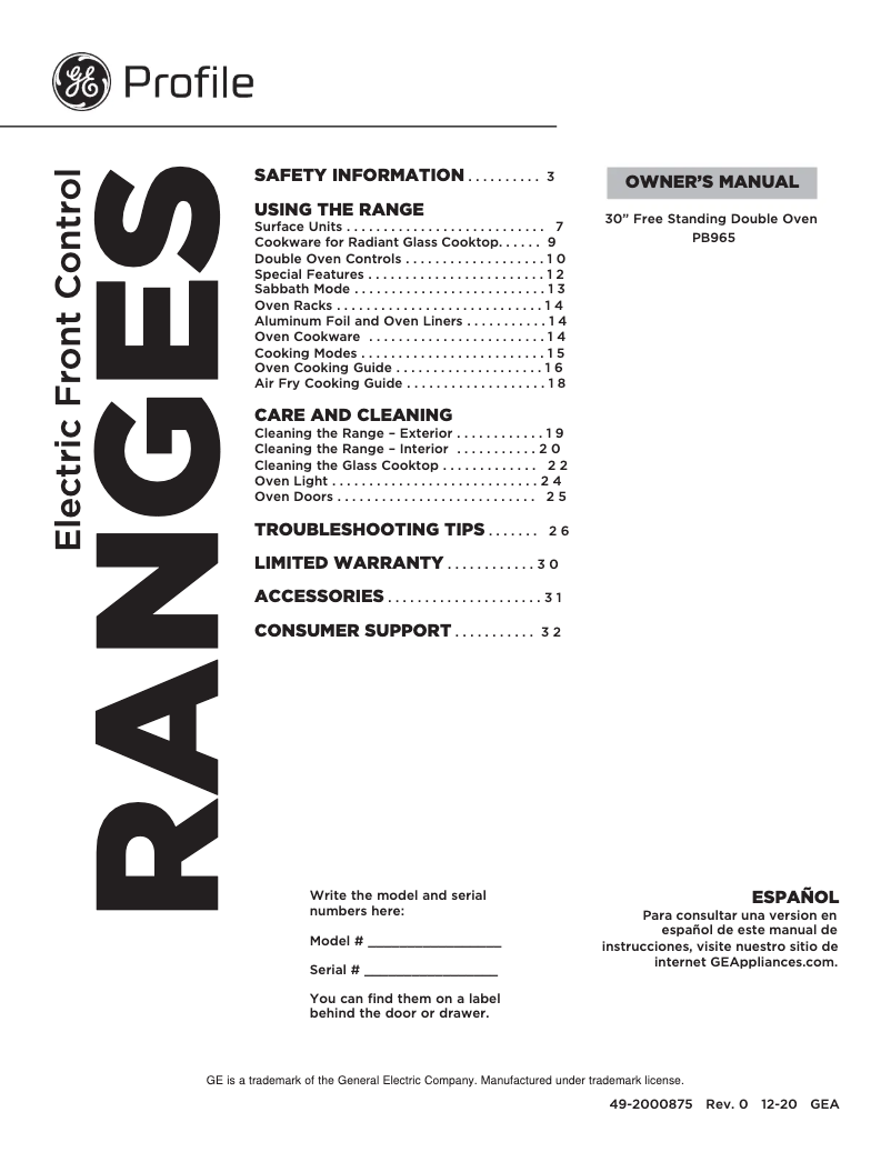 Page 1 de la notice Manuel utilisateur GE PB965