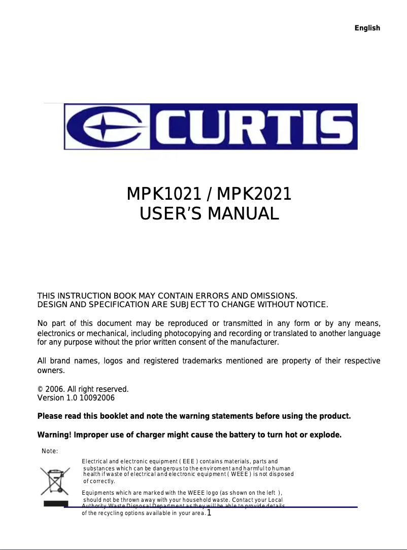 Page n°1 - Manuel utilisateur Curtis MPK1021