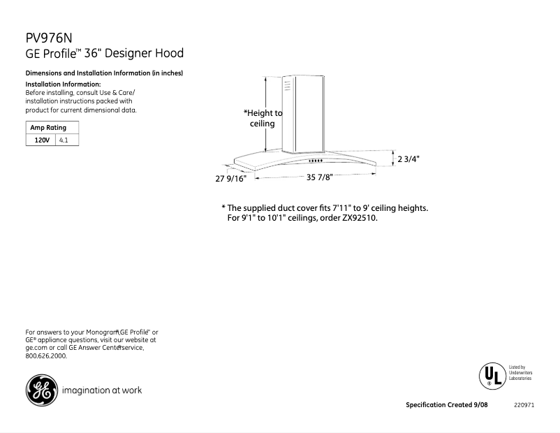 Page 1 de la notice Fiche technique GE Profile PV976NSS