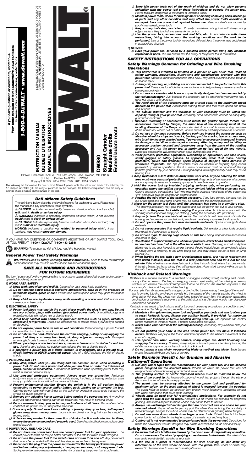 Page n°1 - Manuel utilisateur DeWalt DW880