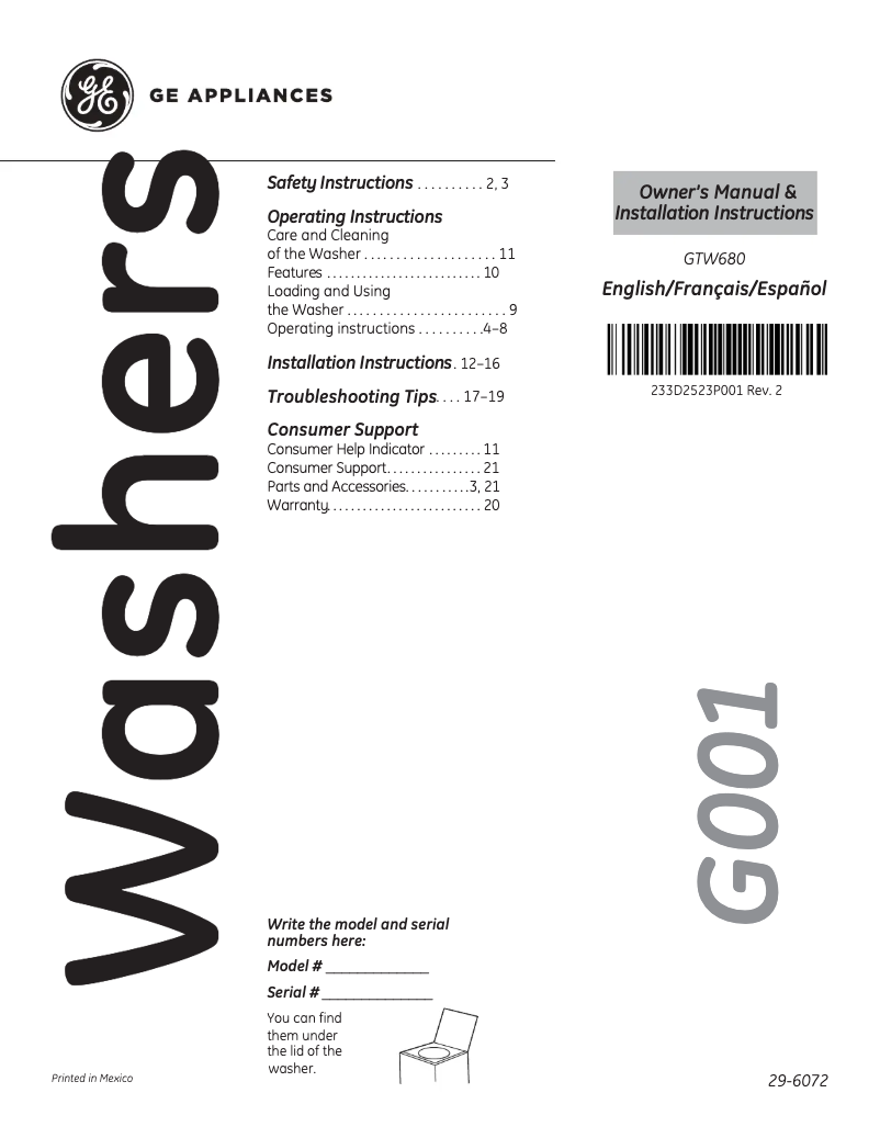 Page n°1 - Manuel utilisateur GE GTW680BMMWS