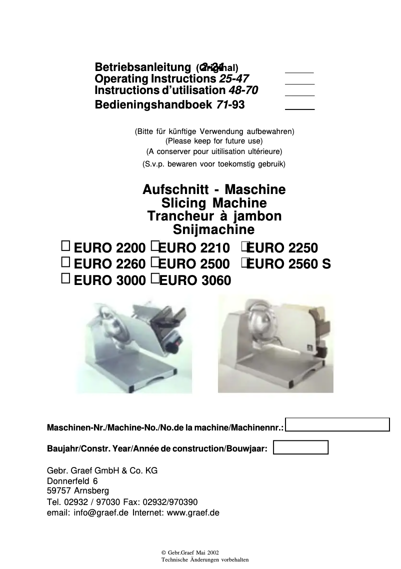 Page 1 de la notice Manuel utilisateur Graef Euro 2560