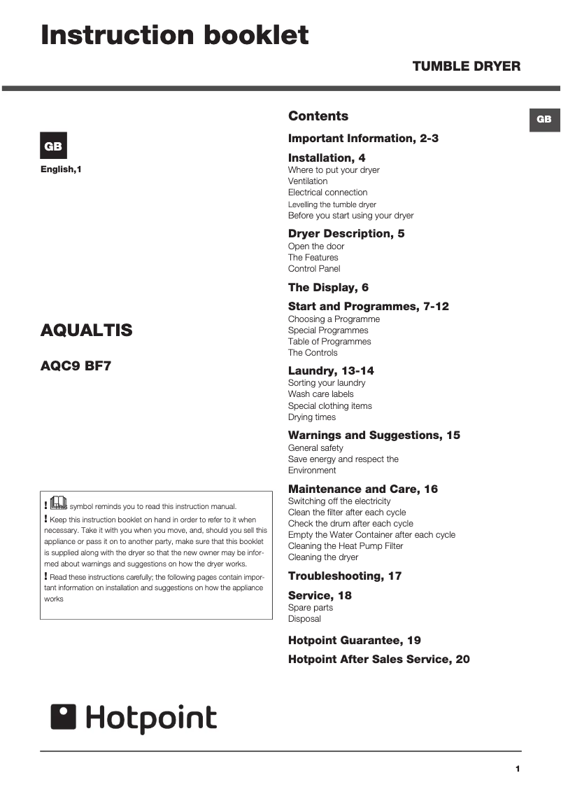 Image de la première page du manuel de l'appareil AQC9BF7E1