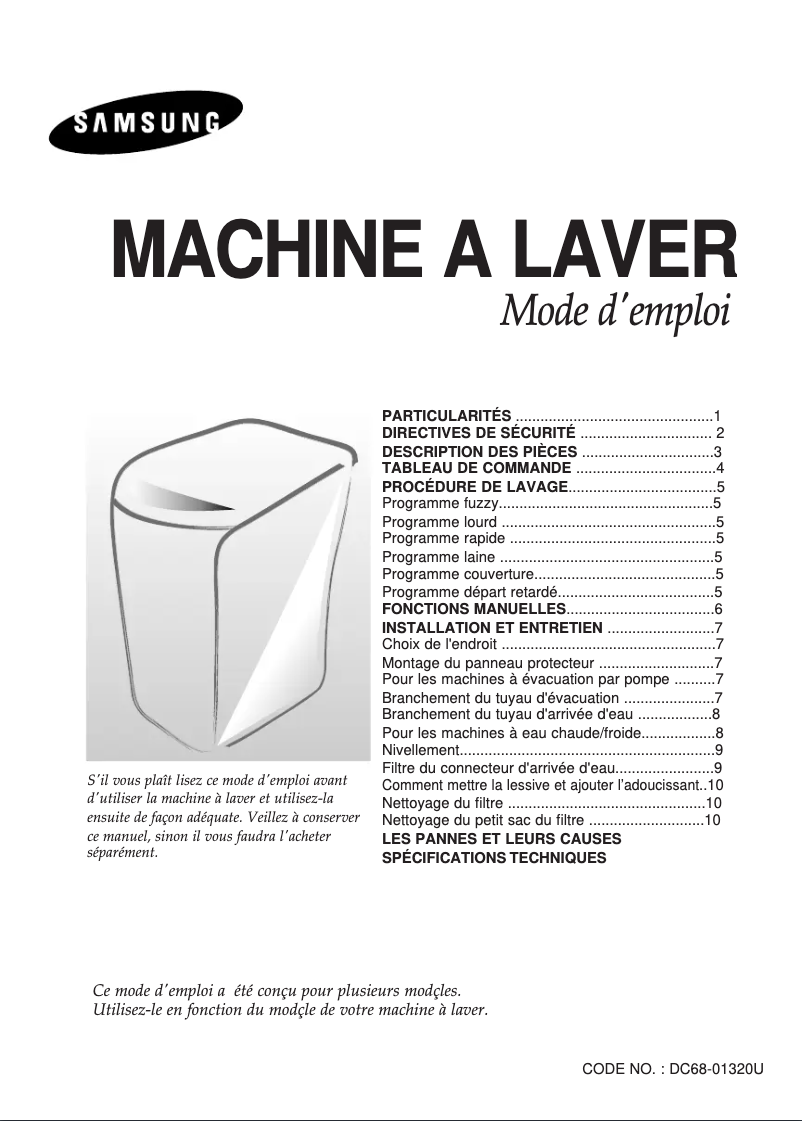 Page 1 de la notice Manuel utilisateur Samsung WA80K2Q1