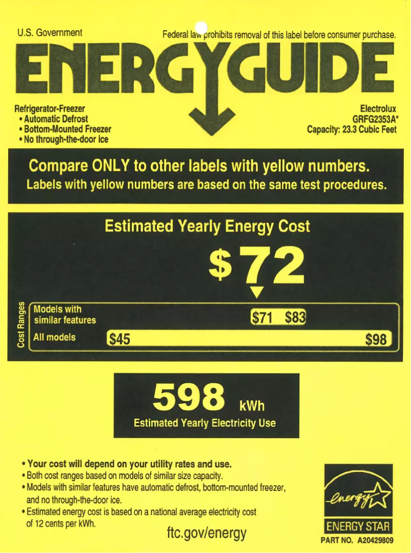 Página 1 del manual Etiqueta energética Frigidaire GRFG2353AF