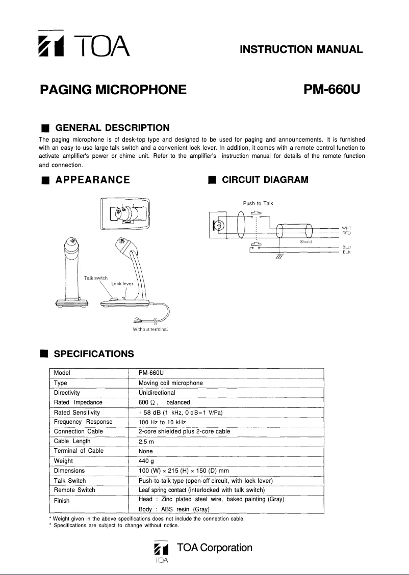 Page n°1 - Manuel utilisateur TOA PM-660U