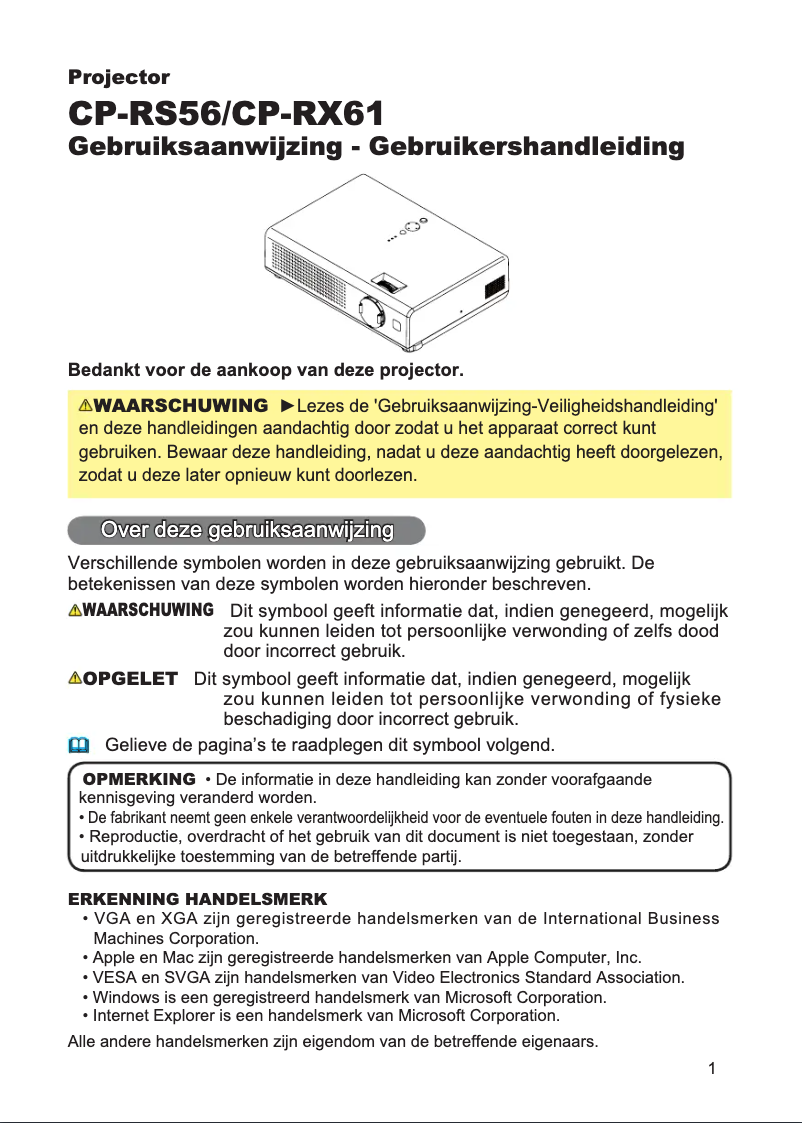 Page 1 de la notice Manuel utilisateur Hitachi CP-RX61W