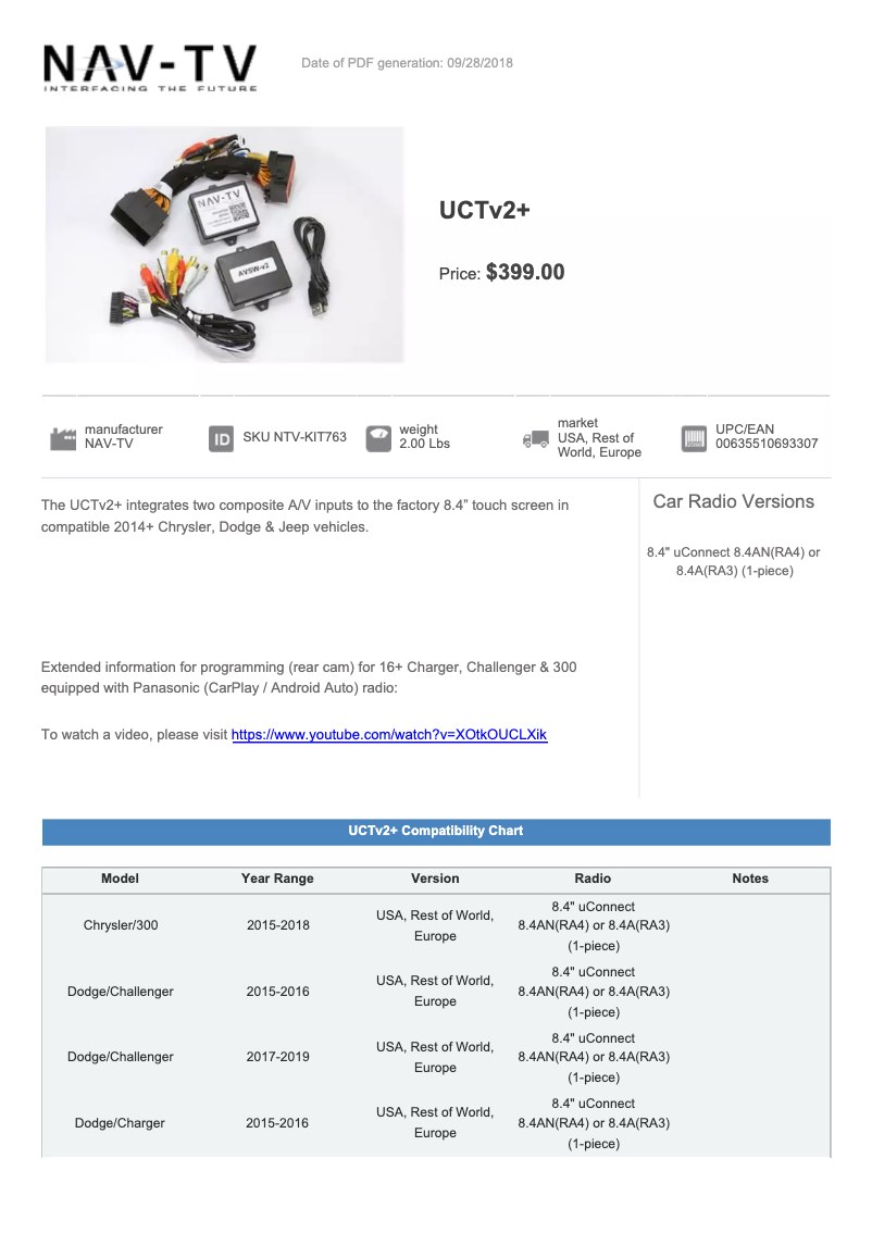 Page 1 de la notice Fiche technique NAV-TV UCTv2+ NTV-KIT763