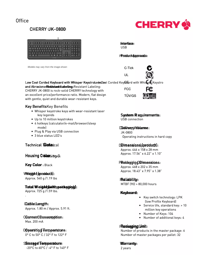 Page 1 de la notice Manuel utilisateur Cherry JK-0800