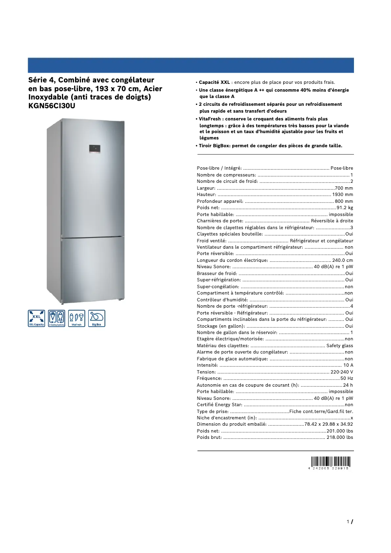 Page 1 de la notice Fiche technique Bosch KGN56CI30U