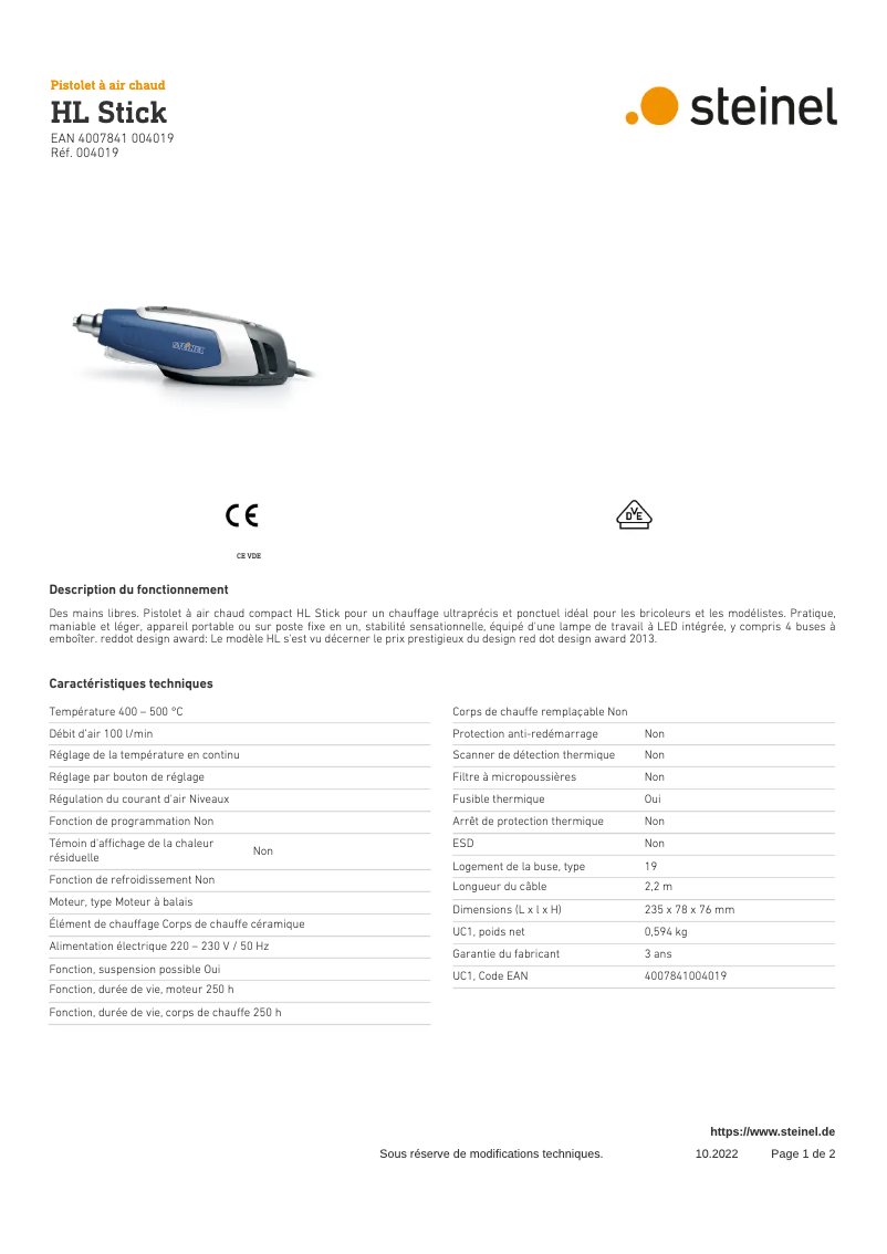 Page 1 de la notice Fiche technique Steinel HL Stick
