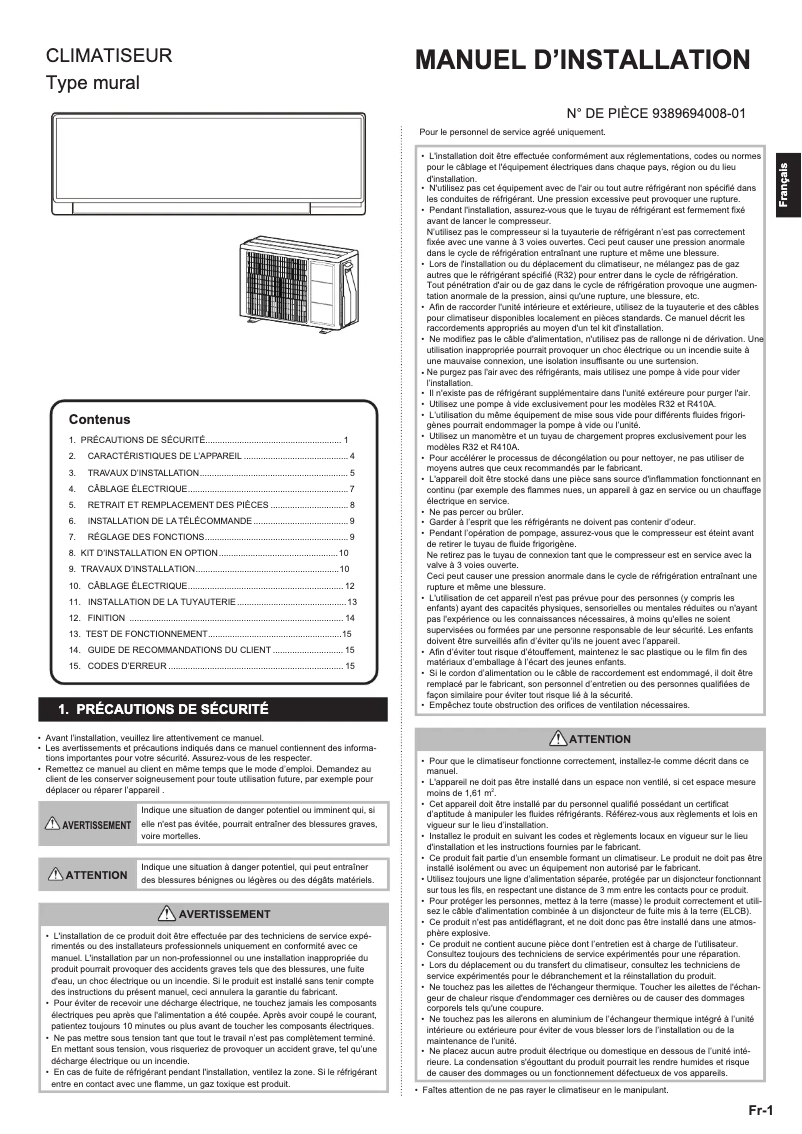 Page 1 de la notice Manuel utilisateur Fujitsu ASHH12KLTA