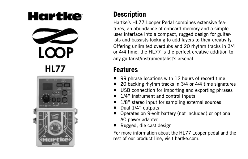 Page 1 de la notice Manuel utilisateur Hartke Loop HL77