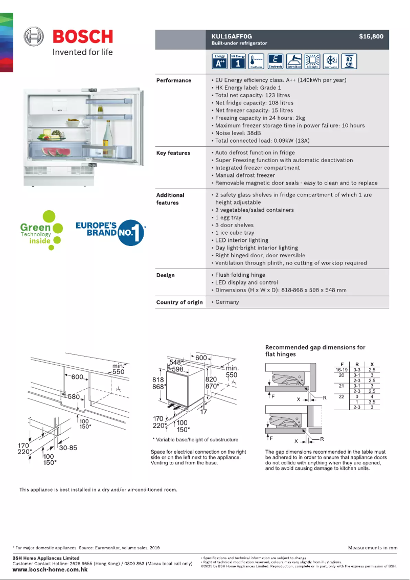 Page 1 de la notice Fiche technique Bosch KUL15AFF0G