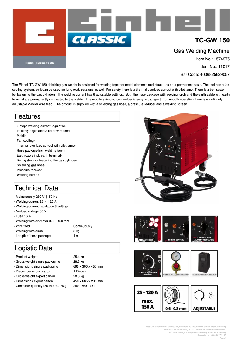 Page 1 de la notice Fiche technique Einhell TC-GW 150