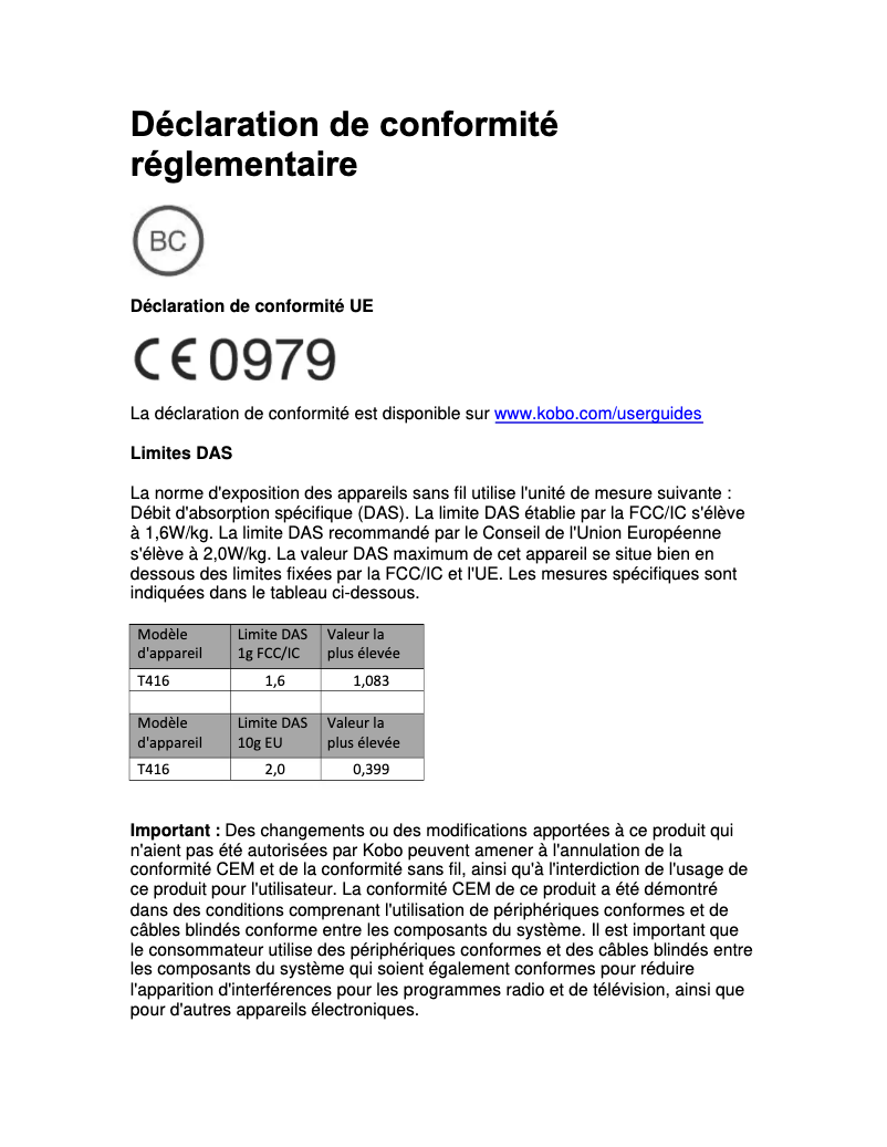 Page 1 de la notice Instructions de sécurité Kobo Arc 7HD