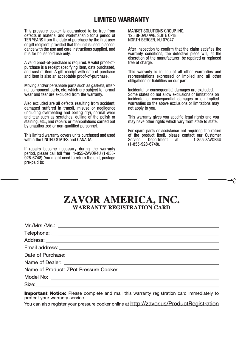 Page 1 de la notice Informations de garantie Zavor ZPot ZCWSP02