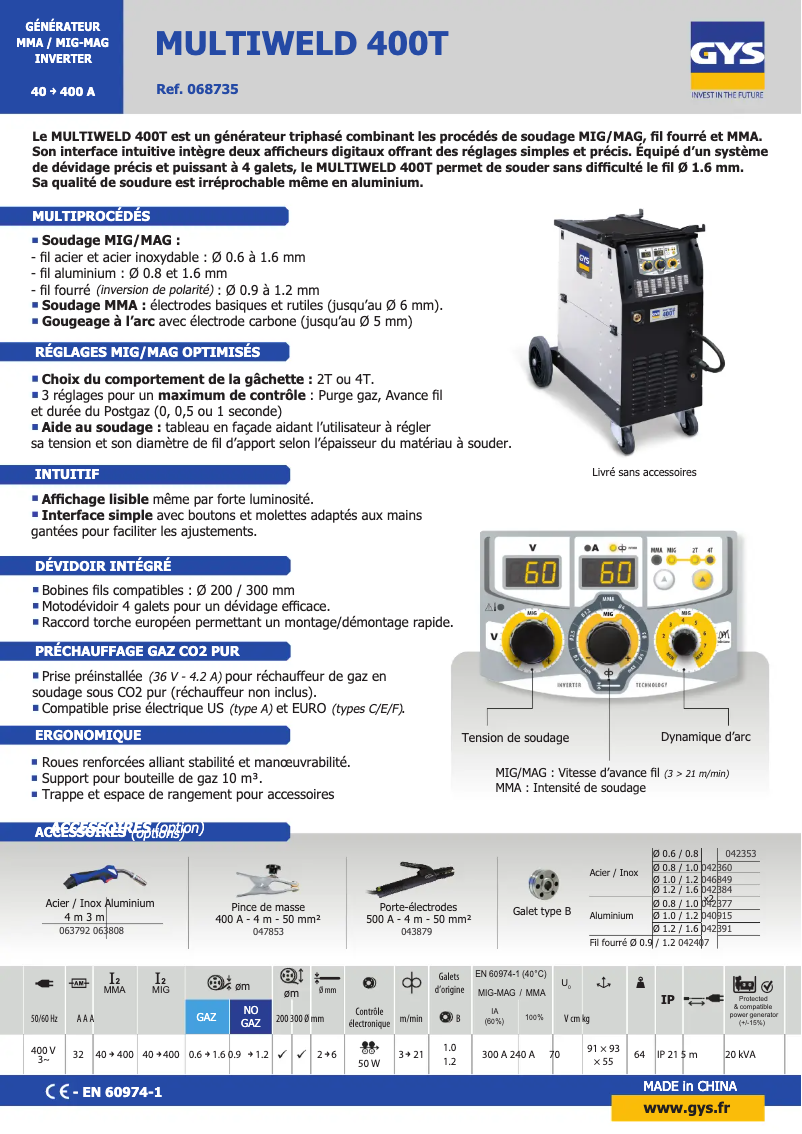 Page 1 de la notice Fiche technique GYS Multiweld 400T