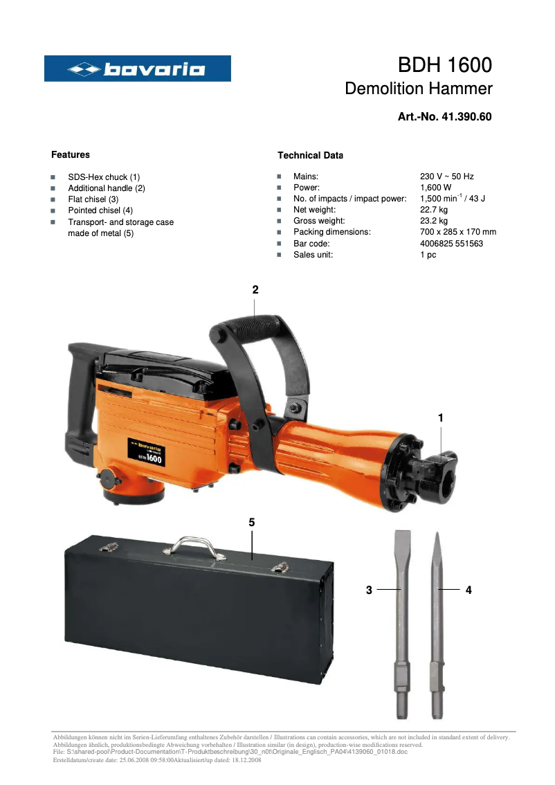 Página 1 del manual Ficha técnica Bavaria BDH 1600