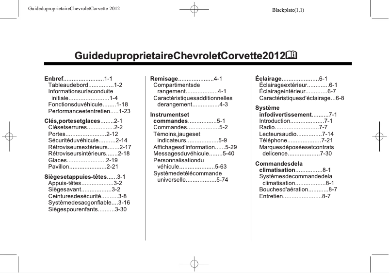Image de la première page du manuel de l'appareil Corvette (2012)