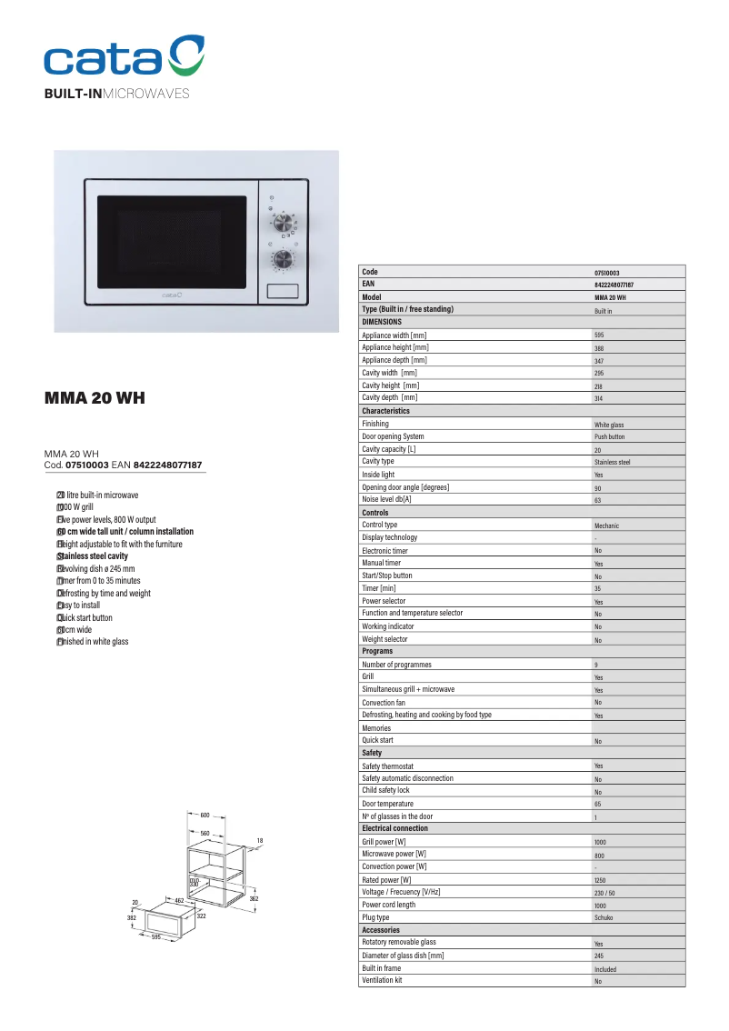 Página 1 del manual Ficha técnica CATA MMA 20 WH