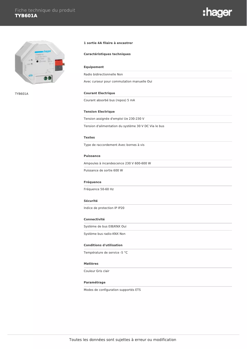 Page n°1 - Fiche technique Hager TYB601A