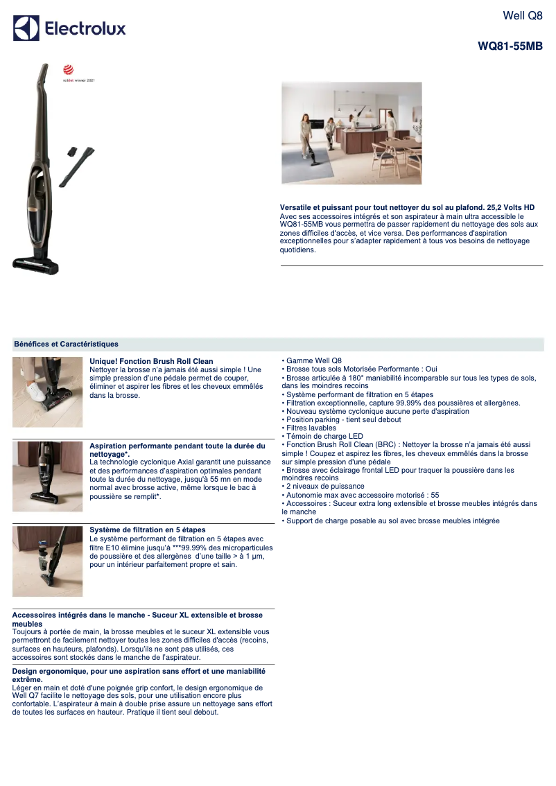 Page 1 de la notice Fiche technique Electrolux Well Q8