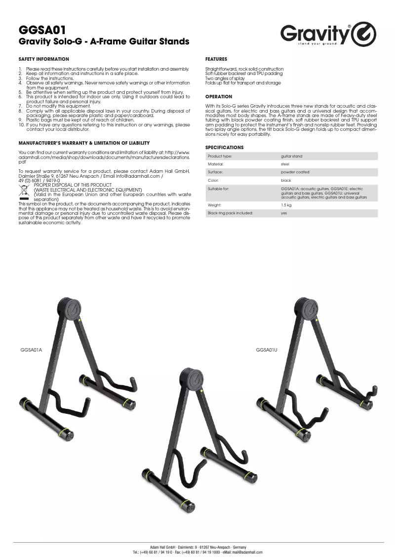 Page n°1 - Manuel utilisateur Gravity Solo-G Electric
