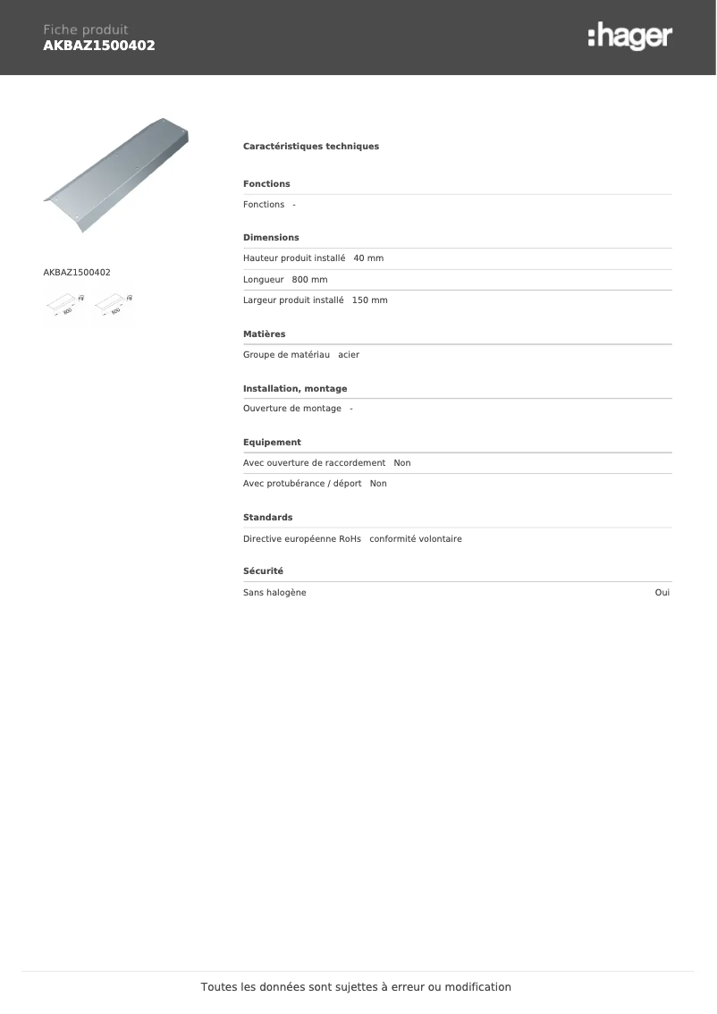 Page 1 de la notice Fiche technique Hager AKBAZ1500402