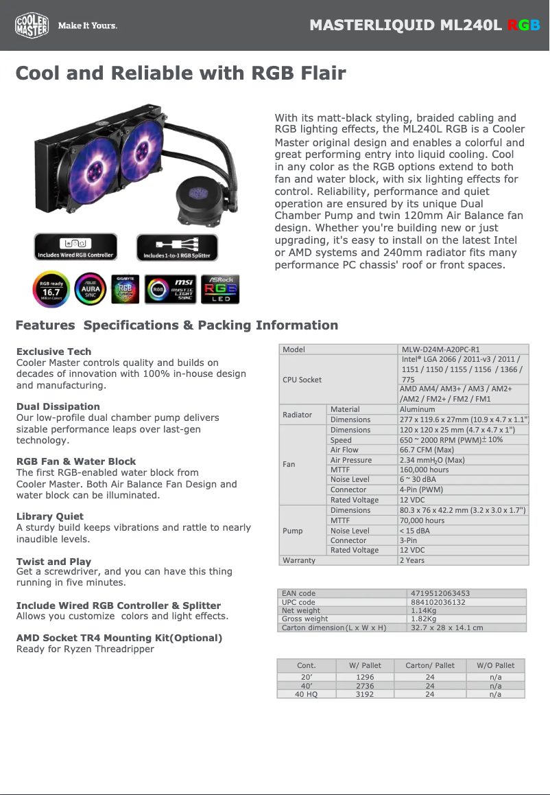 Page n°1 - Fiche technique Cooler Master MasterLiquid ML240L RGB