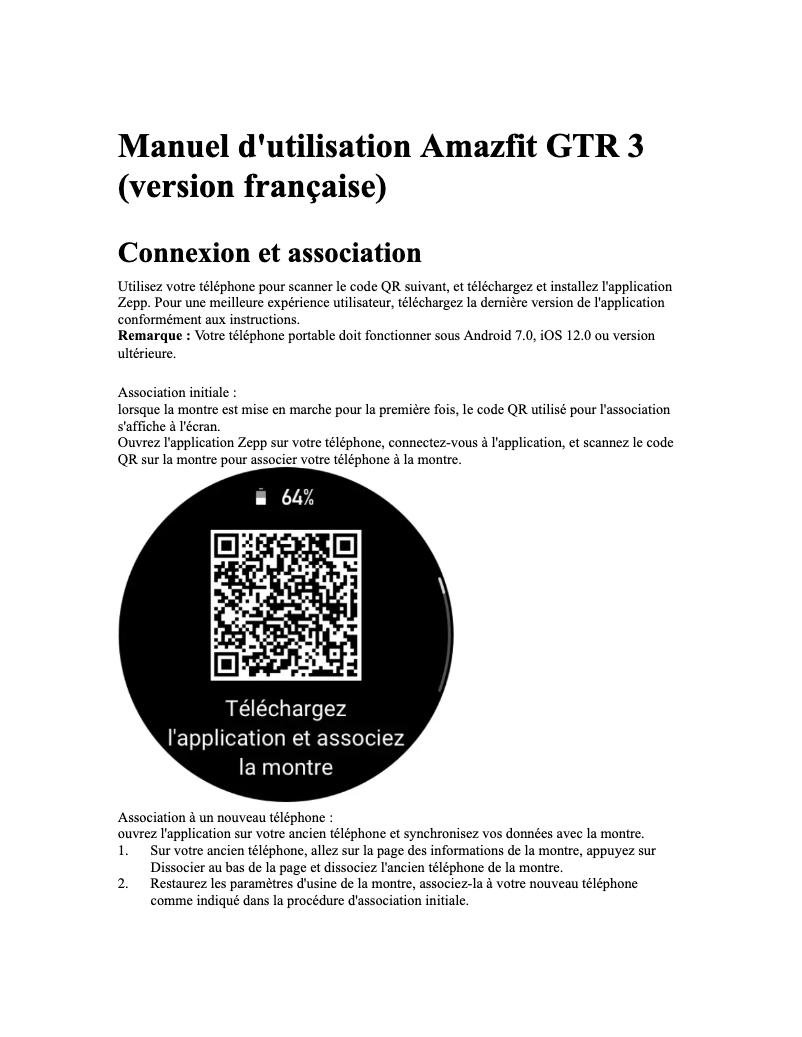 Page 1 de la notice Manuel utilisateur Amazfit GTR 3