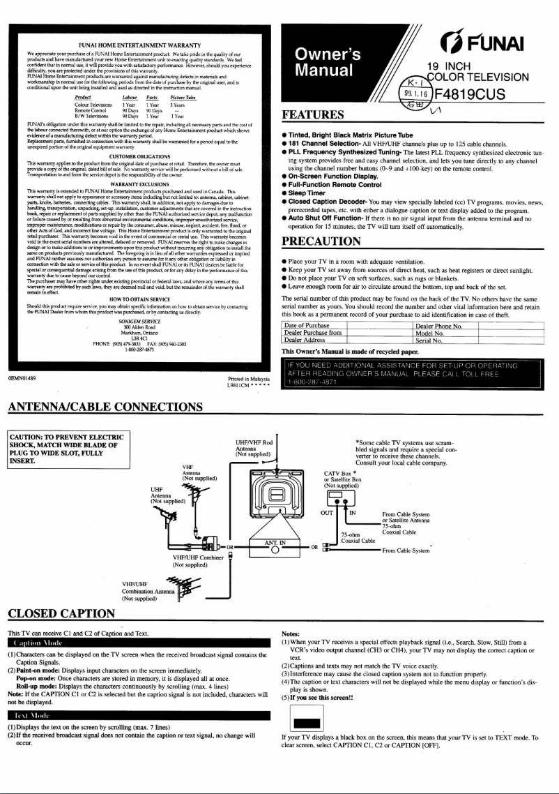 Page 1 de la notice Manuel utilisateur Funai F4819CUS