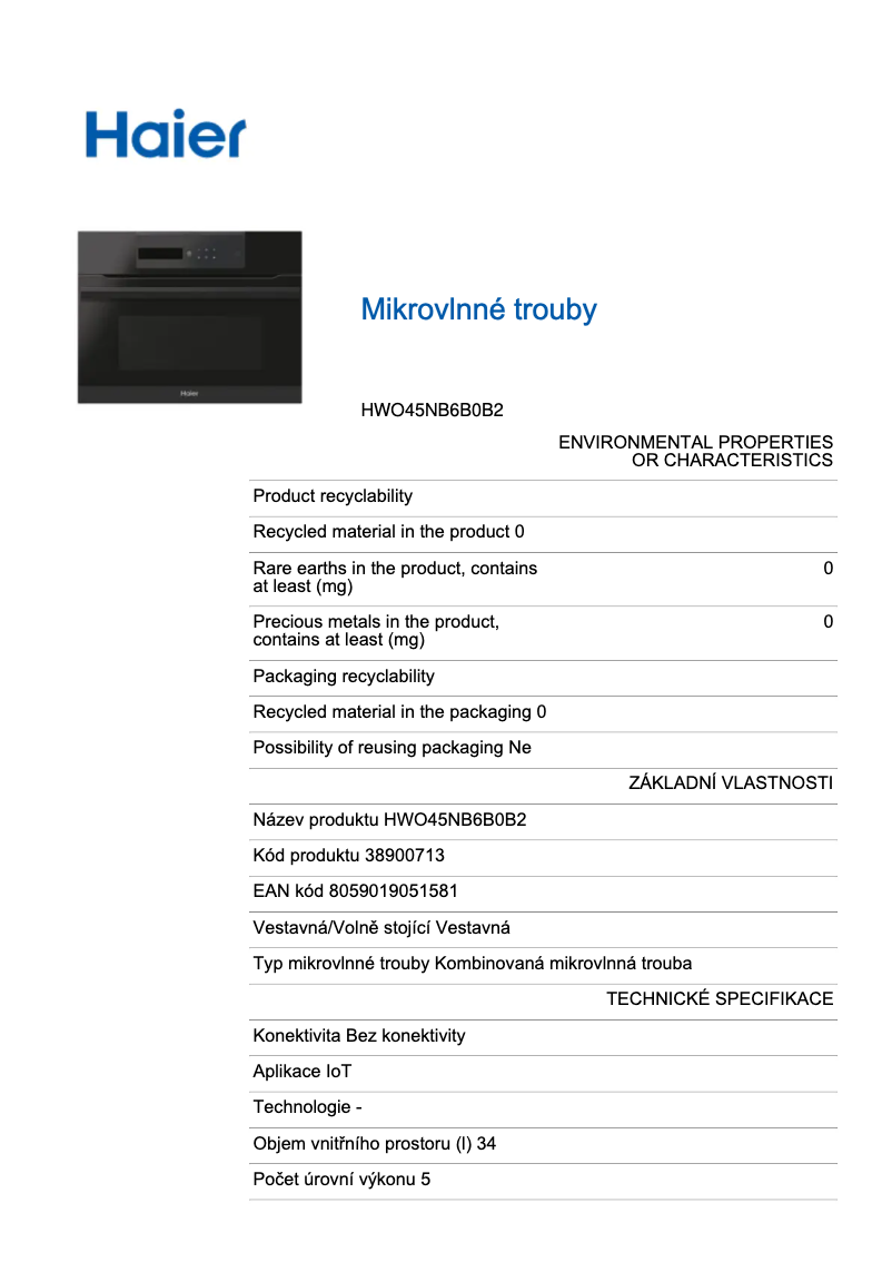 Page 1 de la notice Fiche technique Haier HWO45NB6B0B2