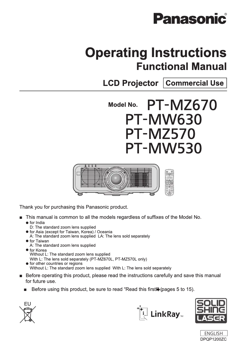 Page n°1 - Manuel utilisateur Panasonic PT-MW530E